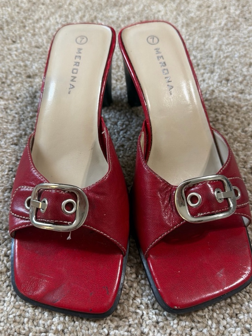 Y2K Merona Red Buckle Mule Heels — Women's Stylish Slip-On Sandals